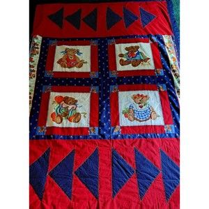 Toddler Baby Quilted Blanket Vintage 80s Teddy Bears Balloons Friends Appx.67x44